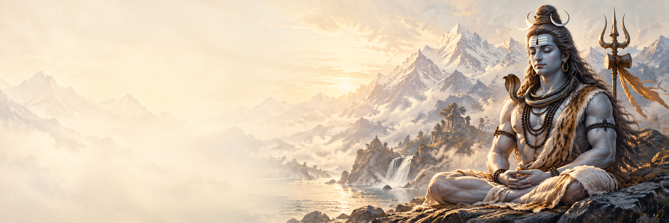 Lord Shiva meditating beside the Himalayan mountains